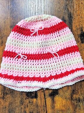 Crocheted Valentine's Day Striped Beanie Hat in Pink, Red & White